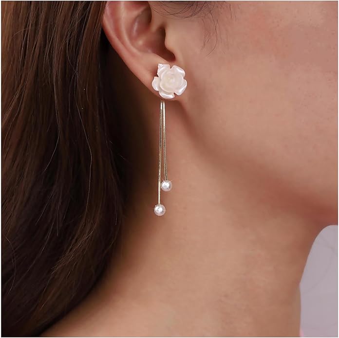 Vintage Flower Pearl Drop Earrings Long Tassel Pearl Earrings White Camellia Stud Earring Gold Pearl Chain Dangle Earrings Jewelry for Women-BrightBean Baby