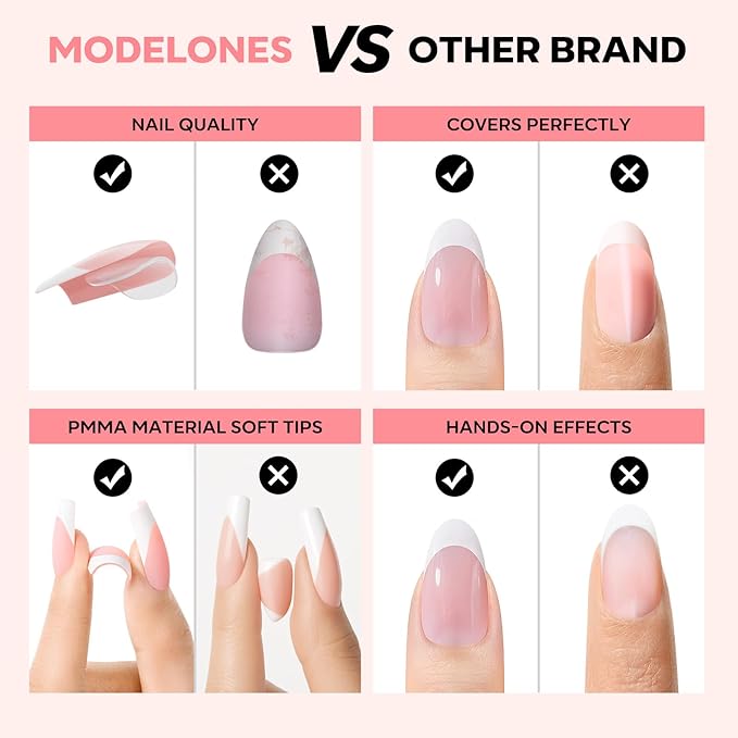 modelones French Tip Press on Nails, 150Pcs M-Almond Fake Nails with Nail Box, Pink & White Gel Nail Tips for Women, Soft Glue-On Nails for Natural Salon Look, DIY Nail Art Kit (15 Sizes)-BrightBean Baby