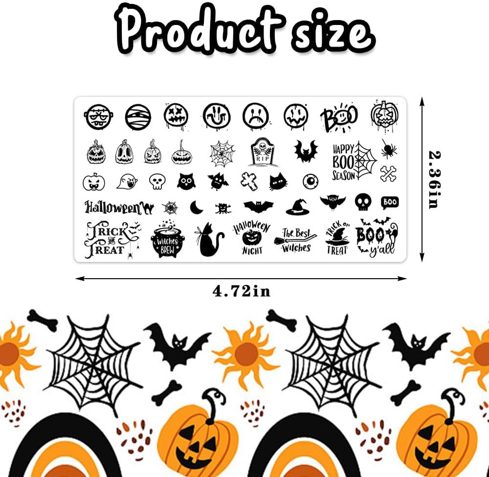 ALIBBON 6 Pcs Halloween Nail Stamping Plates Set, Spider Web Pumpkin Background Nail Art Stamp Templates, Bat Ghost Stamp Templates Kit, Castle Grave Metal Nail Plates for DIY Printing Decor-BrightBean Baby