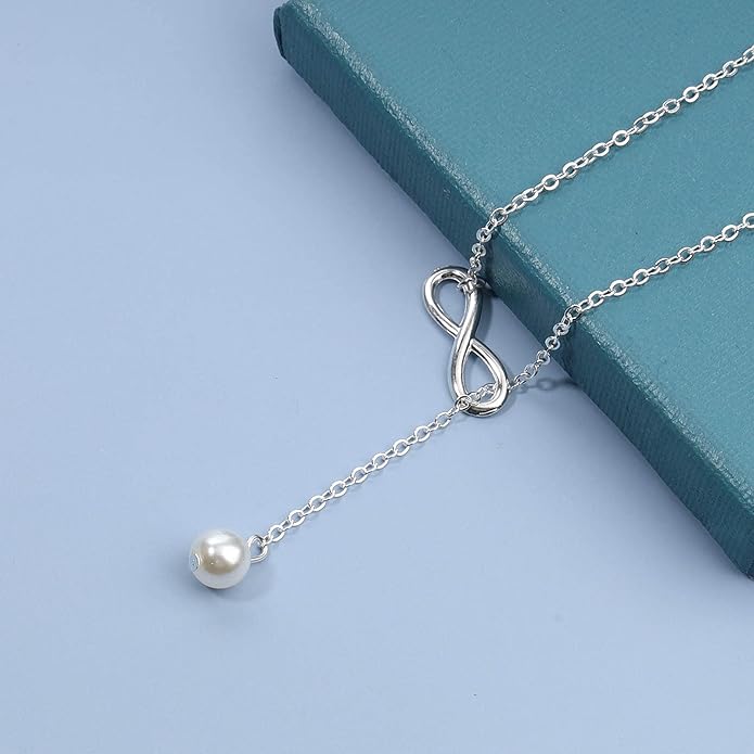 Boho Pearl Infinity Necklace Silver Y Pearl Necklace Minimalist Chain Y Lariat Necklace Chain Jewelry for Women and Girls-BrightBean Baby