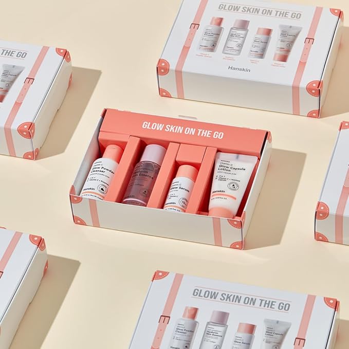 Hanskin Glow Skin On The Go Kit, Set of 4, Essential Travel Skincare Set for Glowing & Nourishing Skin on the Plane, Powder Cleanser Skin Essence and Facial Serum Cleansing Balm-BrightBean Baby