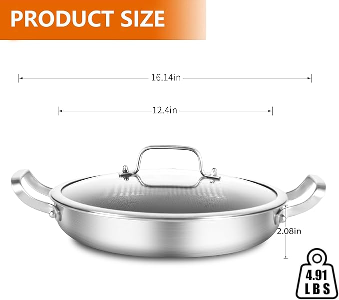 DELARLO 12" Tri-Ply Stainless Steel Nonstick Skillet with Lid