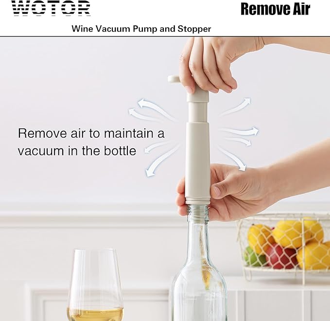 WOTOR Wine Saver Vacuum Pump with 4 Stoppers, Wine Stopper & Preserver, Reusable Bottle Sealer Keeps Fresh, Ideal Accessories Gift, Flat Handle (Cream)