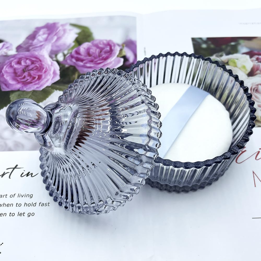 Ultra Soft Powder Puff and Container 3.3" High Density Velvet Dusting Washable Reusable Powder Puff,Body Powder Puff and Glass Jar Holder Loose Powder Box with Puff for Face Makeup(Gray)-BrightBean Baby