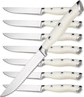Alata 8-Piece White Steak Knives Set, Stainless Steel Steak Knife set with Serrated Edge, Razor-Sharp, Full-Tang Construction, Dishwasher Safe