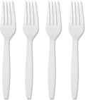 Prestee 100 White Plastic Forks Heavy-Duty, Heavyweight Plastic Silverware Forks, Fancy Plastic Cutlery, Elegant Disposable Forks Pack, Bulk Disposable Flatware, Christmas Holiday Plastic Utensils Set