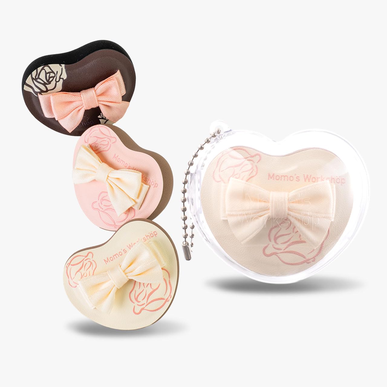 Heart-Shaped Makeup Sponge,Firm Bounce Rubycell, Foundation Sponge with Bow Tie Strap, for Precision Blending of Concealer/Cream Products, 3-Colors,Travel Friendly & Reusable & Storage Case-BrightBean Baby