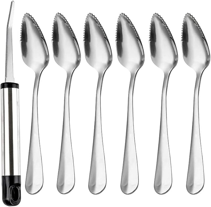 WXJ13 7 PCS Grapefruit Spoons and Grapefruit Knife, Stainless Steel Grapefruit Dessert Spoon Serrated Grapefruit Utensils Tools for Citrus Fruits Kiwi Lemon Desserts Salads