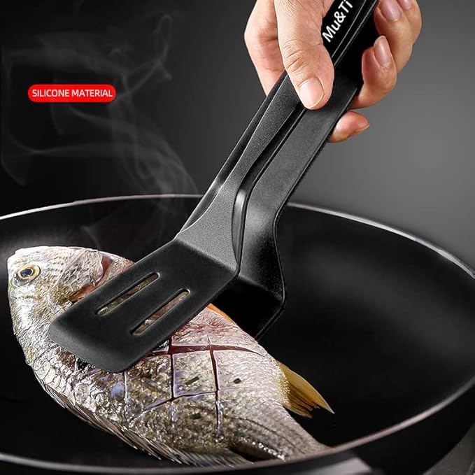 Mu&Ti Silicone Kitchen Tongs Spatula Tongs for Cooking 11 Inch Barbecue Clamp Spatula for Gripper Bread Clip Fried Steak Clamp Flipping Fish Beefsteak(Black)