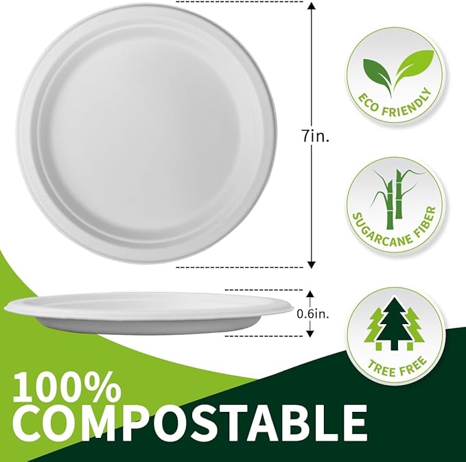 7 Inch Compostable Paper Plates 【White 150 Pack】, 100% Sugarcane Bagasse Small Dessert Plates, Bulk Disposable Plates, Sturdy Heavy Duty, Biodegradable Dinnerware for Party, Picnic, BBQ