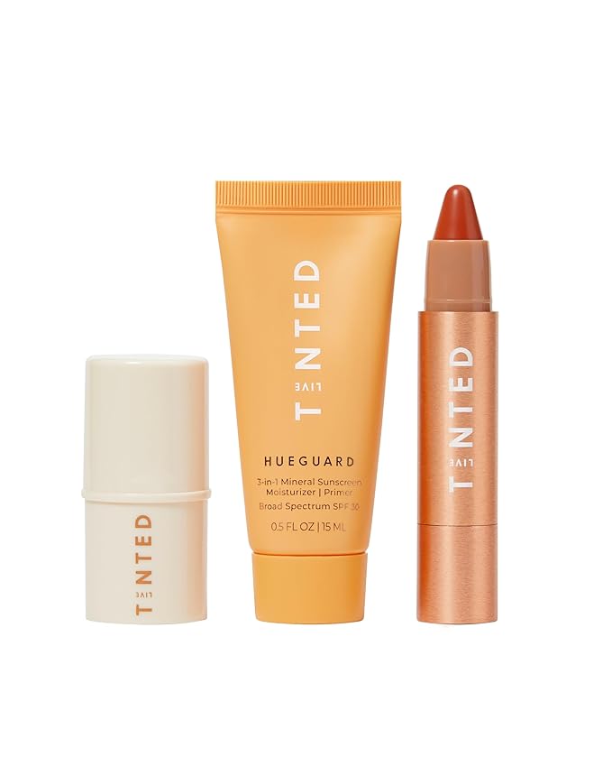 Live Tinted Hyperpigmentation Essentials Glow Up Set: Includes Mini Superhue Hyperpigmentation Serum Stick, Mini Hueguard 3-in-1 Mineral SPF 30, and Full-sized Huestick in Rise, 3-Piece Set-BrightBean Baby