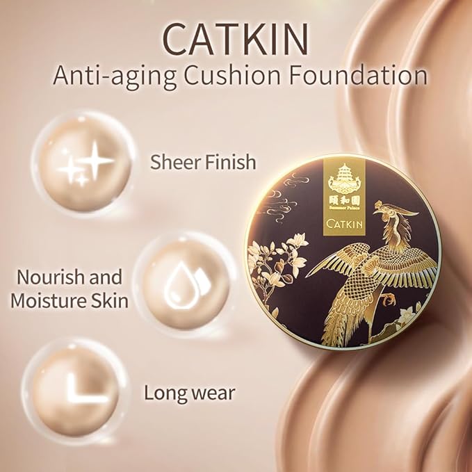 Catkin Phoenix Cushion Foundation Buildable Coverage Anti-Aging Serum Makeup, Sheer Satin Finish, Refill Included, Light Beige 0.46 Oz x 2, C02 IVORY-BrightBean Baby