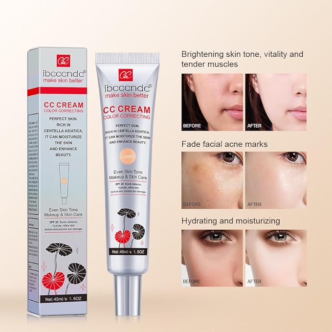 Color Correcting CC Cream,Invisible Pores Cream Foundation And nvisible Pores Concealer,CC Cream Foundation Rich In Centella Asiatic,Moisturizing And Waterproof CC Cream With Spf 25(LIGHT)-BrightBean Baby