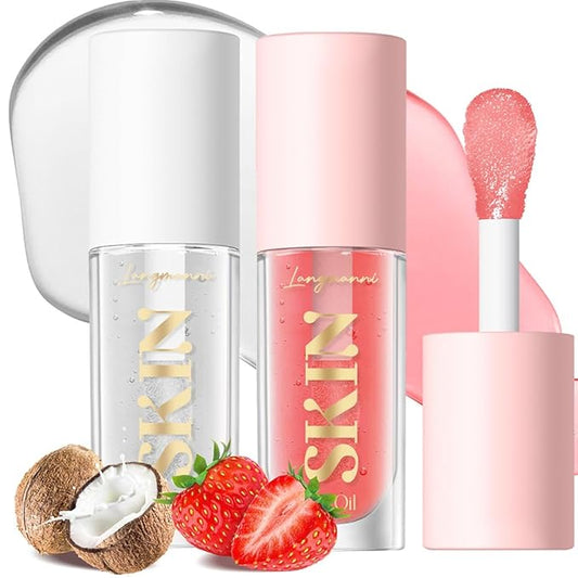 2Pack Non-sticky Lip Oil, Moisturizing Glossy/Shiny Lip Gloss Oil PlumpingTint, Hydrating Lip Gloss Lip Balm, Long Lasting Nourishing Fruit Flavoure Lip Oils(Strawberry + Coconut)-BrightBean Baby