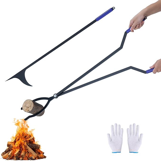 40” Heavy Duty Fire Tongs Set Firewood Grabber with Scissor Shape Serrated, Large Fire Pit Tool Outdoor/Indoor Bonfire Campfire Fireplace Tongs, A Pair of Gloves