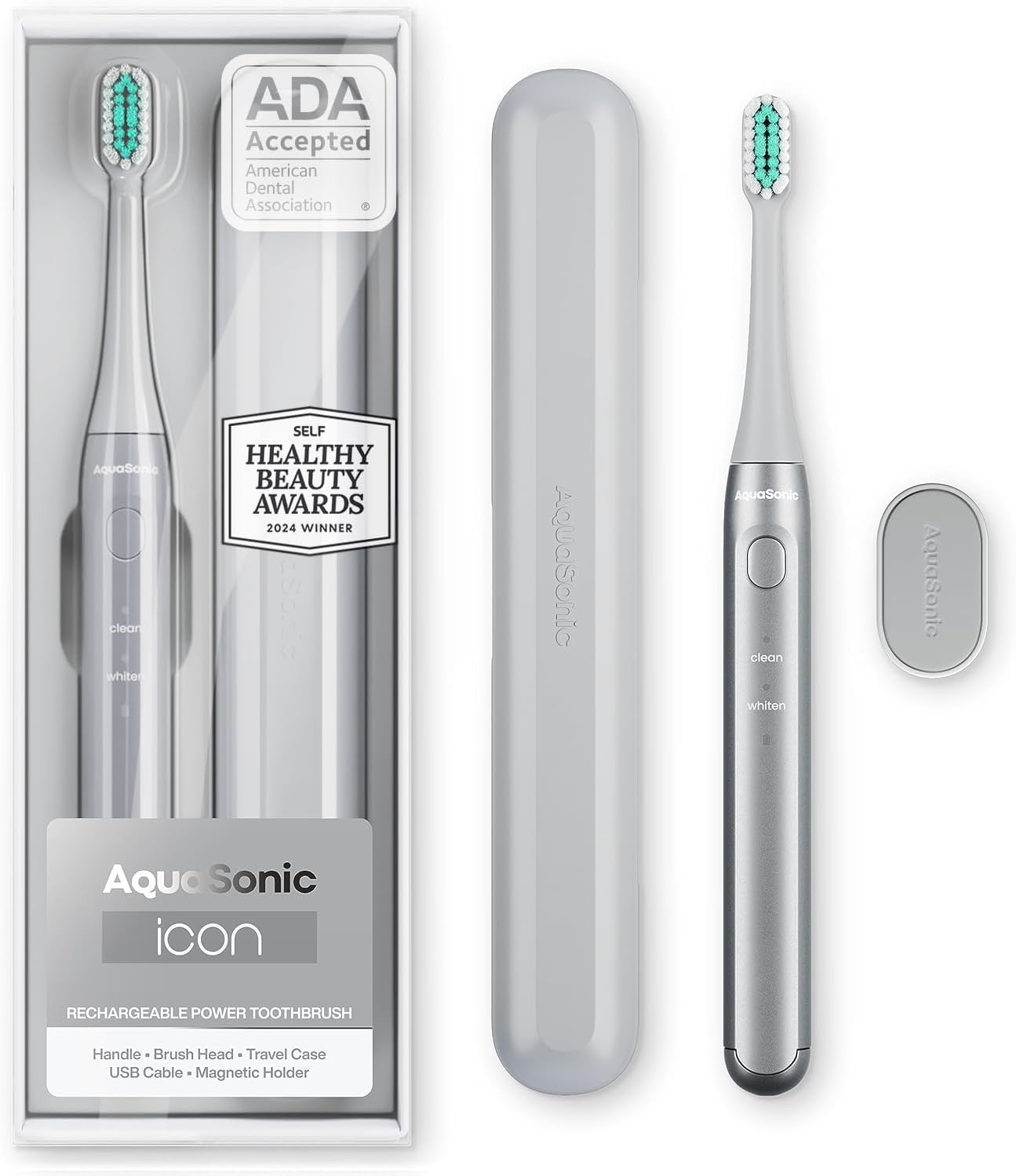 Aquasonic Icon ADA-Accepted Rechargeable Toothbrush | Magnetic Holder & Slim Travel Case | 2 Brushing Modes & Smart Timers | Gentle Micro-Vibrations (Stone)-BrightBean Baby