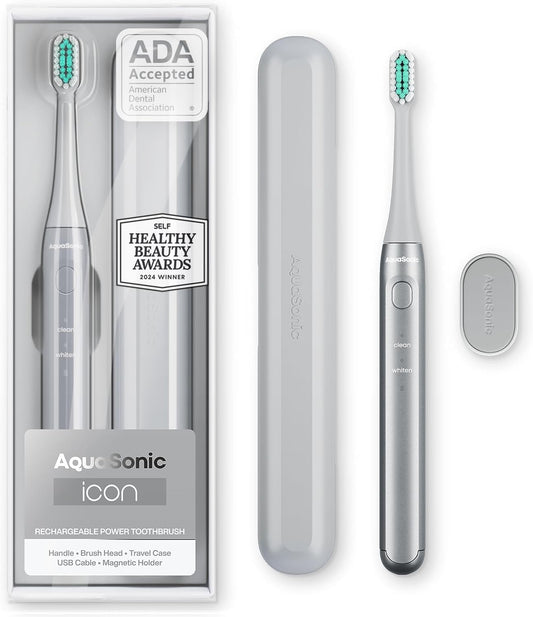 Aquasonic Icon ADA-Accepted Rechargeable Toothbrush | Magnetic Holder & Slim Travel Case | 2 Brushing Modes & Smart Timers | Gentle Micro-Vibrations (Stone)-BrightBean Baby