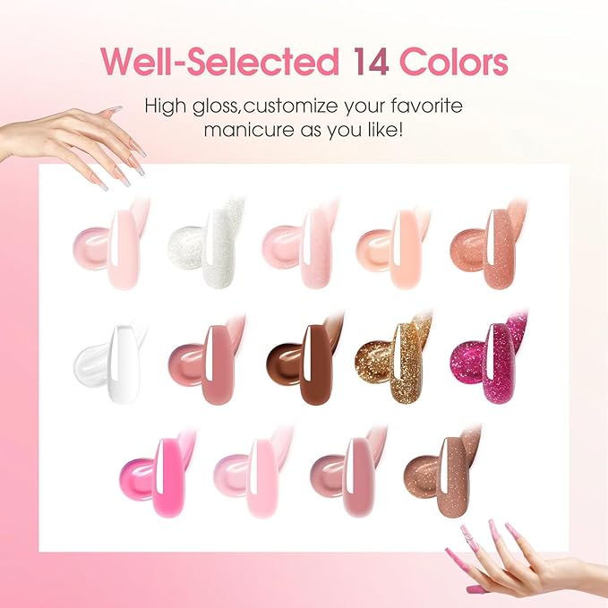 ROSALIND 14 Colors Poly Nail Gel Kit with Mini Nail Lamp Pink Brown Poly Nails Gel Kit Starter Kit With Slip Solution Kit Pink Extensions Gelfor Nail Manicure Beginner-BrightBean Baby