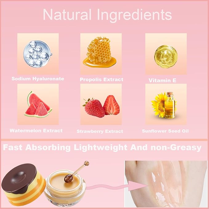 2 PCS Bee Lip Balm Honey Pot, Honey Strawberry Bee Lip Balm Sleeping Lip Mask Overnight with Sticks, Honey Pot Lip Balm Hydrating Exfoliating Prevention Dry and Crack Lip Scrubs-BrightBean Baby