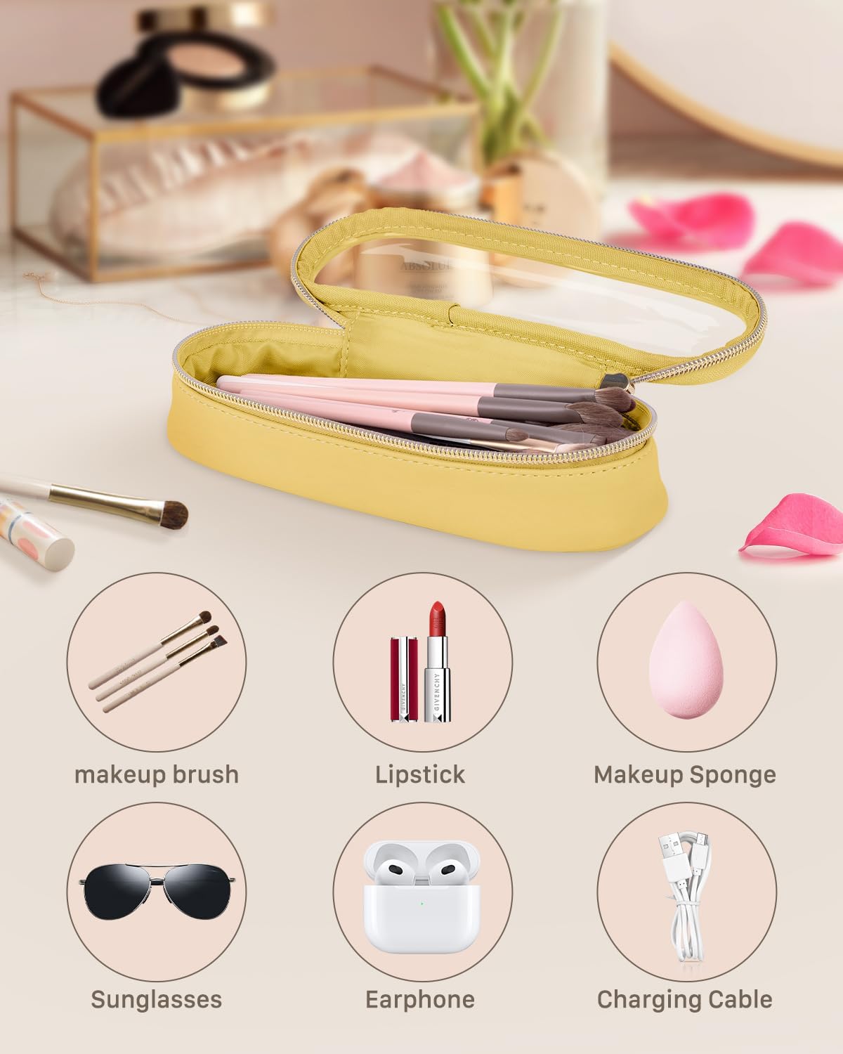 Clear Travel Makeup Brush Holder, Leather Makeup Brush Toiletry Bag, Portable Cosmetic Brush Case, Transparent Waterproof Makeup Brush Storage Bag, Yellow-BrightBean Baby