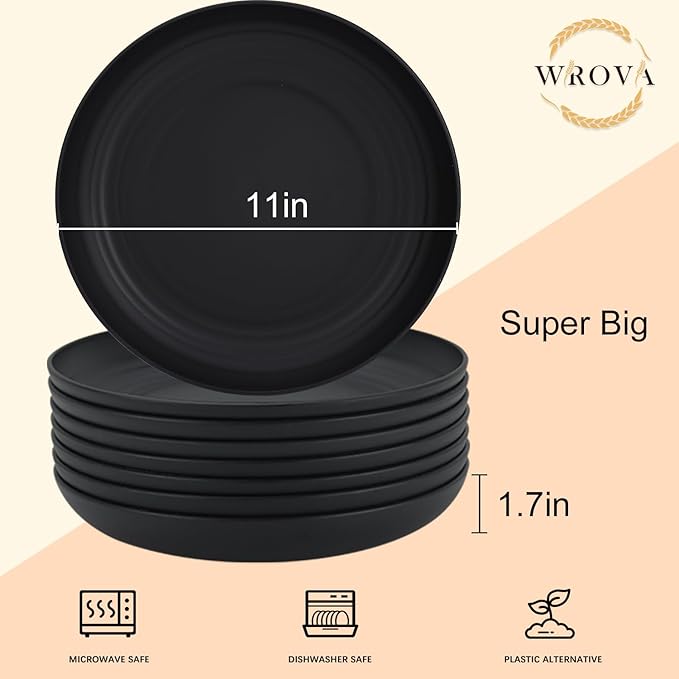 Wrova Large Wheat Straw Dinner Plates - 11 Inch Unbreakable Set of 8 - Dishwasher & Microwave Safe, Deep Edge for Kitchen and Camping (Black)
