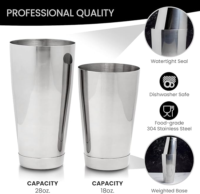 Cocktail Set - Stainless Steel, Essential Cocktail Set Includes Jigger, Hawthorne Strainer, Shaking Tins, Mixing Glass, Barspoon (Set of 6)