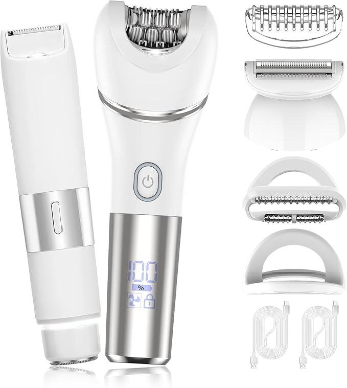 Epilators Hair Removal for Women-2 in 1 Eletctric Razors for Women,Dual Head Bikini Trimmer for Pubic Hair/Lady Facial Razor,Cordless Epilator Body Shaver for Smooth Wet/Dry Shaving,Led Light-BrightBean Baby