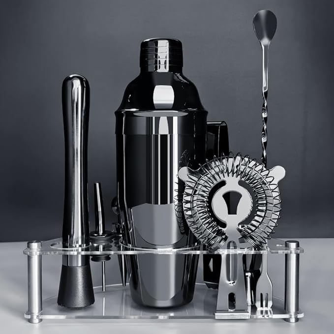 Cocktail Shaker Set with Stand, Cocktail Shaker Bartender Kit: Bar Tool Set, Drink Mixing Includes Martini Shaker,Strainer,Jigger,Bar Mixer Spoon,Muddler, Pourer, Bottle Stopper (Black)