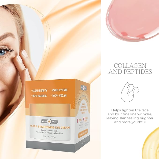 Vitamin C, Collagen and Peptides Eye Cream - Reduces Dark Circles, Puffiness & Eye Bags, Brightening Under Eye Cream - Cruelty Free Korean Skin Care For All Skin Types - 1.0 Fl. oz/ 30ml-BrightBean Baby