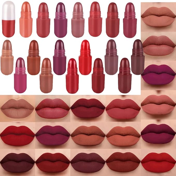 evpct 18 Pcs Capsule Pills Lipstick Mini Matte Lipstick Set for Women Long Lasting labiales mate 24 horas originales Deep Red 24 Hours Waterproof Stay on Lip liner Set Sampler-BrightBean Baby