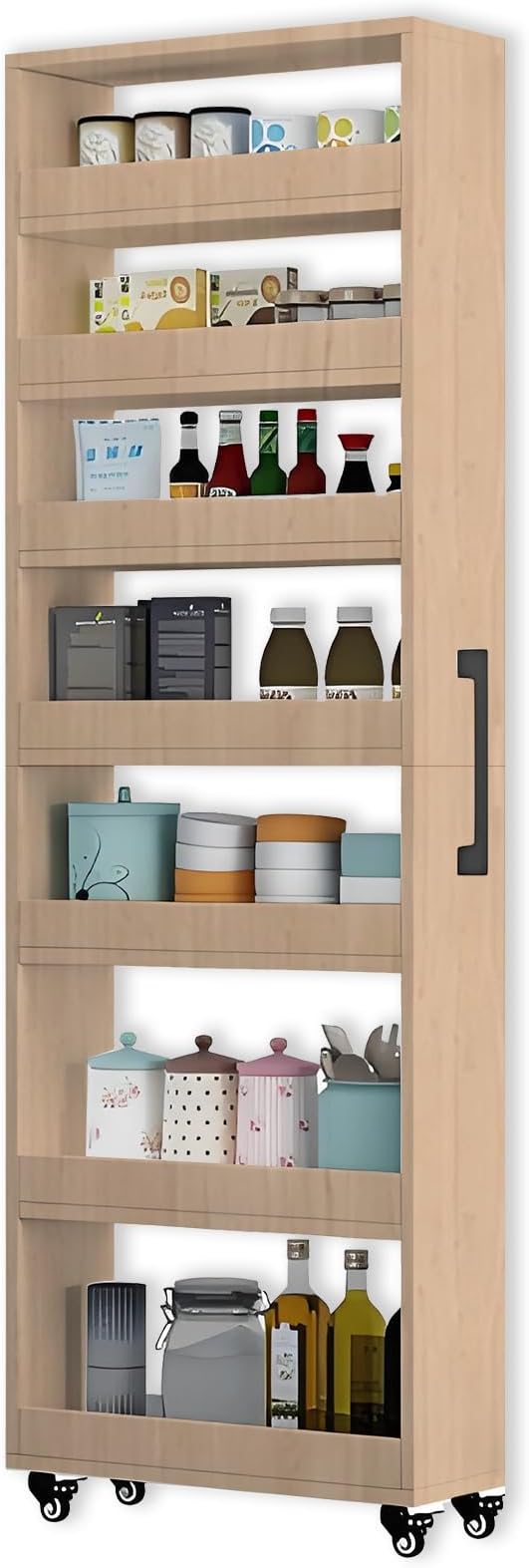7-Tier Slim Storage Cart, Wooden Rolling Pantry Cabinet with Wheels, Narrow Shelf Organizer for Kitchen, Bakers Rack, Dining Room, Closet, Small Spaces Light Walnut 73.2" H*9.8" W*23.6" D