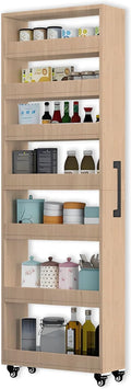 7-Tier Slim Storage Cart, Wooden Rolling Pantry Cabinet with Wheels, Narrow Shelf Organizer for Kitchen, Bakers Rack, Dining Room, Closet, Small Spaces Light Walnut 47.2" H*5.9" W*16.9" D
