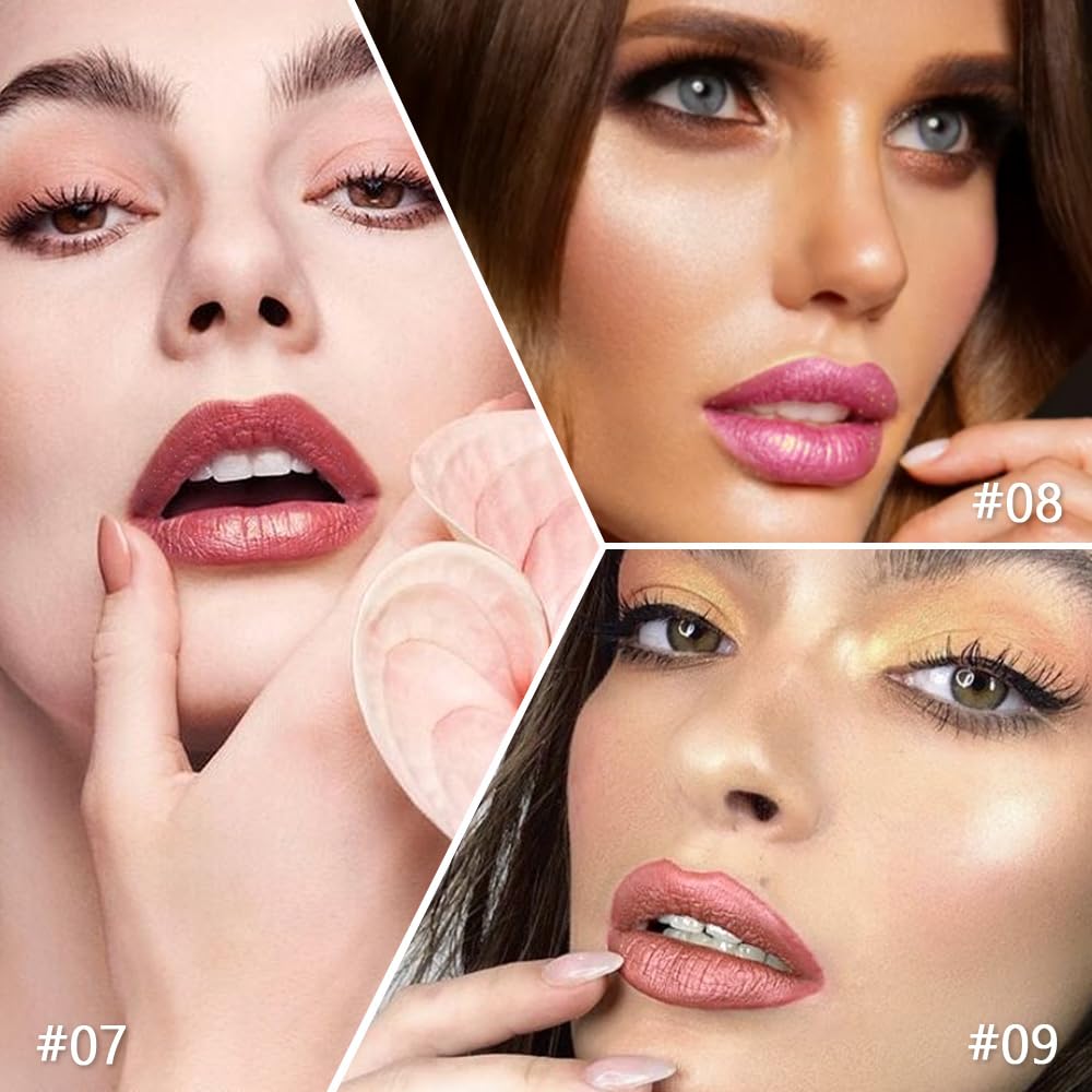 3Pcs Nude Pink Metallic Lipstick Lip Gloss for Women Set,Lightweight Shimmer Frosted Long Lasting Lipstick,Glitter Lip Stain Waterproof Smudge Proof 24 Hour Full Coverage Lip Makeup,Vegan（07,08,09)-BrightBean Baby