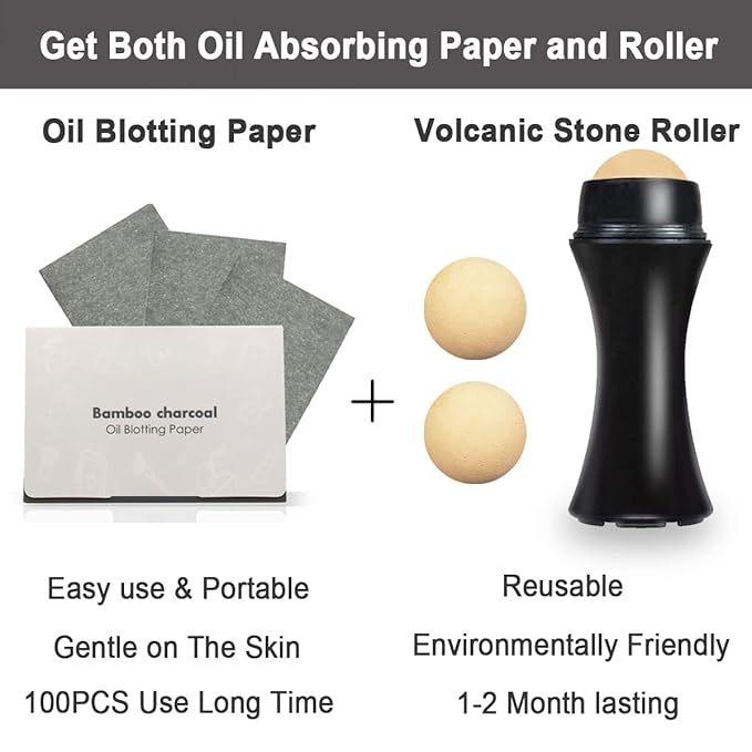 103 PCS Volcanic Roller Oily Skin Oil Control On The Go Volcanic Face Roller Oil Absorbing Volcanic Roller with Oil Blotting Sheet Paper for Oily Skin Care Oil Control Film Tissues(Type1)-BrightBean Baby