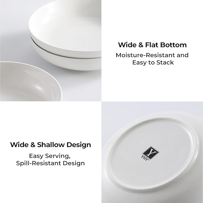 Y YHY 9.75" Large Pasta Bowls, 50 Ounces Big Salad Bowls, Ceramic Serving Bowl Set of 4, Wide and Shallow Bowls Set, Microwave and Dishwasher Safe, White