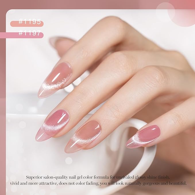 RARJSM Nude Cat Eye Gel Polish Set 6 Pcs Sparkle Diamond Glitter Sheer Purple Soft Pink Chanpagne Gold Velvet Ice Jelly Glass Cateye Gelpolish with Magnet Stick UV LED Curing Requires Home Manicure-BrightBean Baby