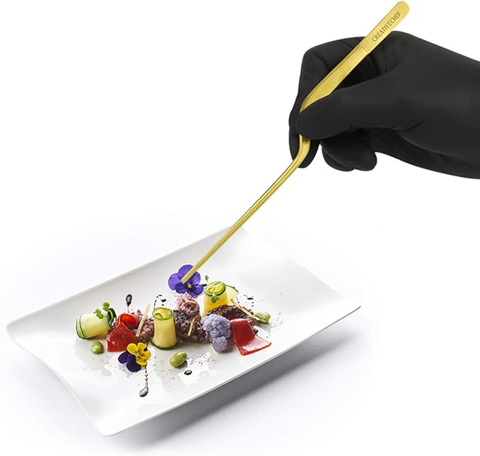 CREATIVECHEF 8 Inch Curved Stainless Steel Precision Kitchen Cooking Multi-function Tweezers Culinary Offset Tweezer Tongs (8" Curved, Bronze)