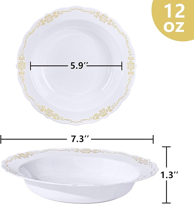 DaYammi 50 Pack Plastic Bowls with Gold Rim, 12oz Disposable Soup Bowls, Heavy Duty Dinner Bowls for Weddings, Parties, Dinners, Catering and Everyday Use