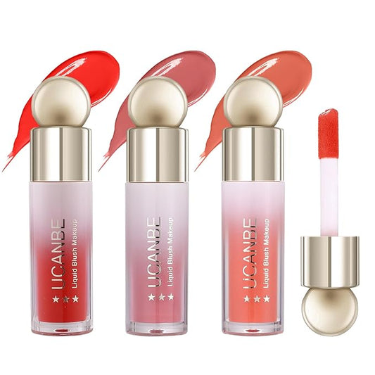 UCANBE 3PCS Liquid Blush Makeup Set – Dewy Cream Cheek Tint for Face – Blendable Long-Lasting Lightweight Natural Flushed Look (Cherry Red, Cool Pink, Light Orange)