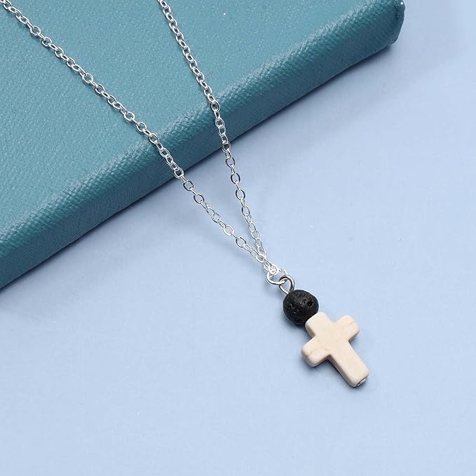 Boho Cross Pendant Necklace Black Lava Bead Choker Necklace Silver Chain Necklace Minimalist Everyday Necklace Jewelry for Women and Girls-BrightBean Baby