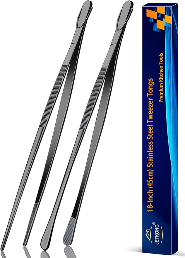 JETKONG 2 Pcs 18 Inch (45cm) Stainless Steel Grill Tongs Heavy Duty Giant Tweezer Tongs, Extra Large Tweezers Tools for Cooking, Grilling, BBQ and Turning Food (Black)