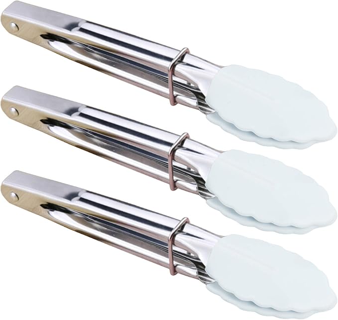 Small Serving Tongs with Silicone Tips 7-Inch Mini Tongs, Set of 3 (White)