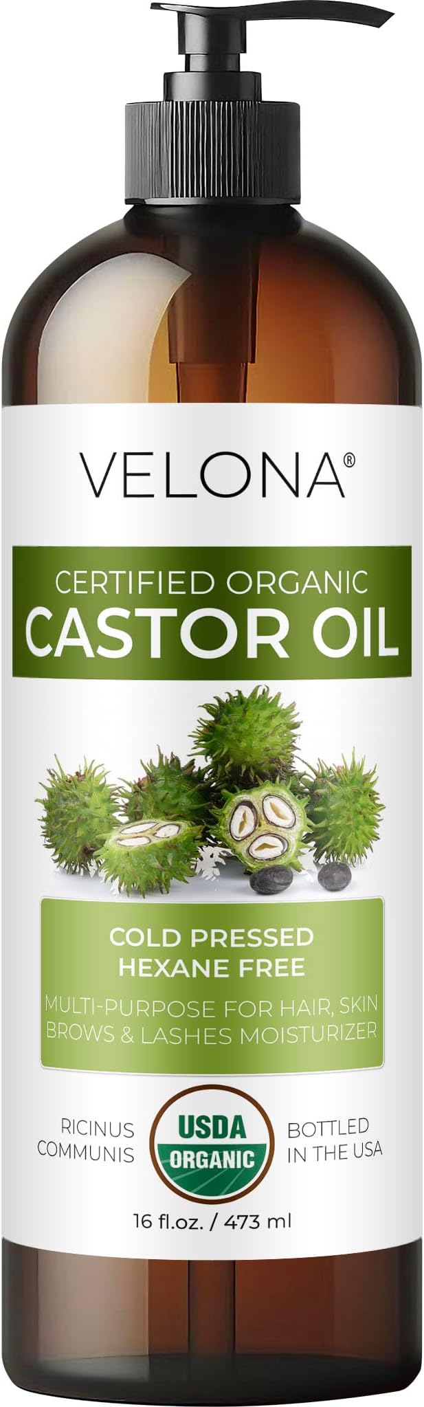 velona USDA Certified Organic Castor Oil - 16 fl oz (With Pump) | For Hair Growth, Boost Eyelashes, Eyebrows | Cold pressed, Natural Oil, USP Grade | Hexane Free, Lash Serum, Caster-BrightBean Baby