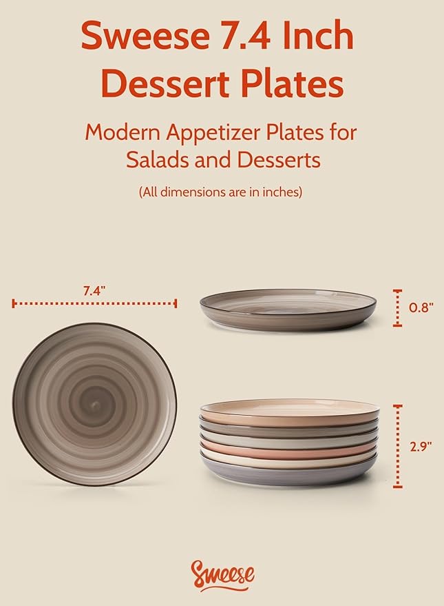 Sweese 7.4 Inch Porcelain Dessert Plates - Round Salad, Appetizer Plate Set for Kitchen, Small, Dishwasher Microwave Safe, Set of 6, Neutral