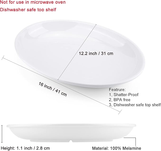 KOXIN-KARLU Melamine Large Serving Platter, 16-inch Oval Serving Plates, White Serving Tray for Entertaining Party, 100% Melamine Serving Dish for Appetizers Meat Food, Set of 2