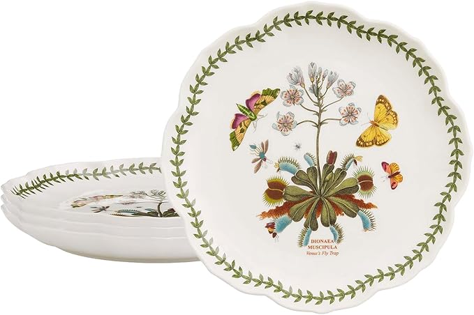 Portmeirion Botanic Garden Lotus Salad Plates, Set of 4 - Scalloped Rim, Butterflies Motif, 8.8" Floral Dinnerware Porcelain Dishes for Hosting, Entertainment