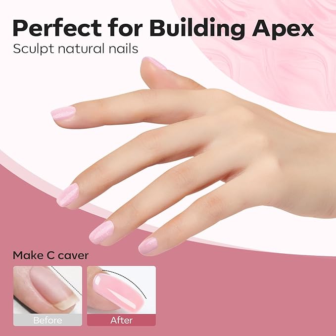 modelones Builder Nail Gel, 8-in-One Nude Pink Glitter Builder, Rainbow Iridescent Shimmer Nail Gel Polish, Jelly Pink Sparkle LED Lamp Cured Hard Rubber Color Base for Home DIY Salon Girls-BrightBean Baby