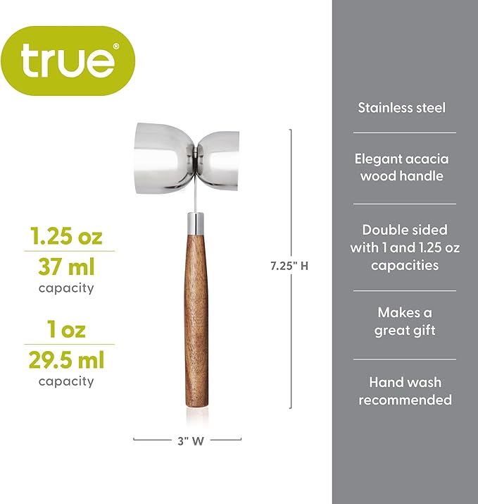 True Double Jigger with Acacia Handle, Bar Supplies, Drink Tools, Craft the Perfect Cocktails, 1oz & 1.25oz Capacities, Stainless Steel