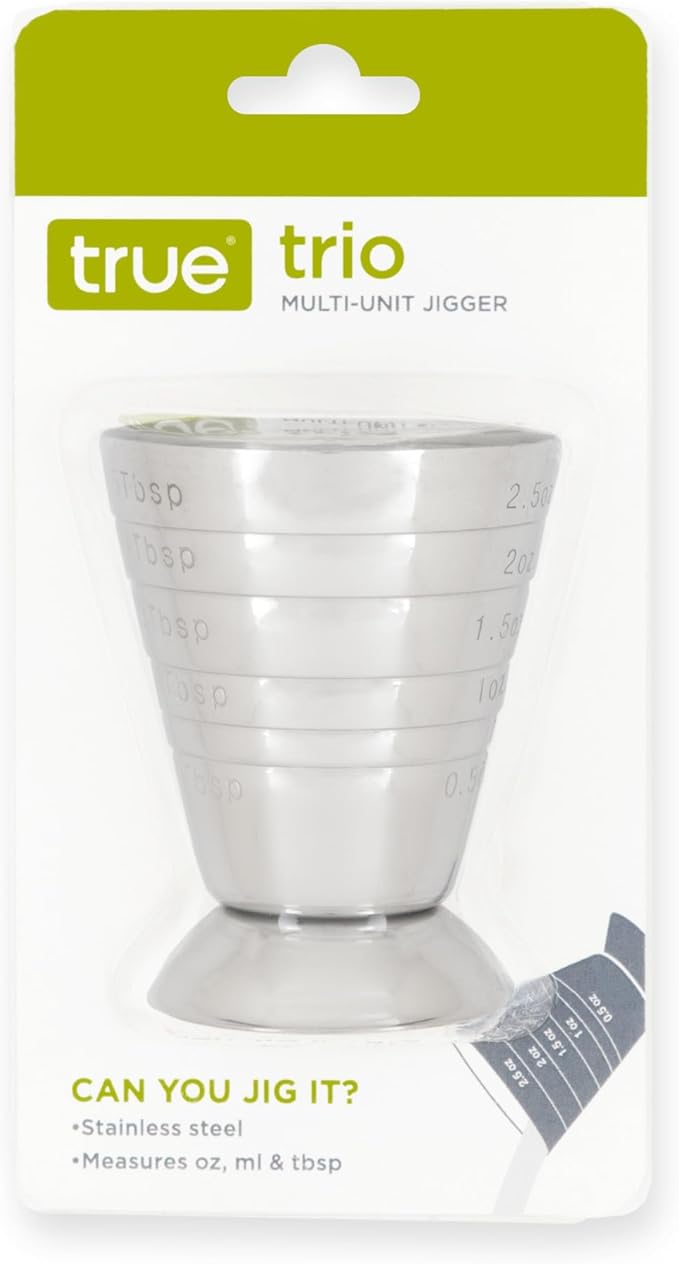 True Trio Multi-Unit Drink Measure, Shot Measuring Cup with Oz, Ml, and Tbsp Markings, Stainless Steel 2.5oz Set of 1