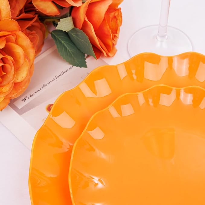 LIYH 24 Pcs Orange Scalloped Plates - Sturdy Plastic Orange Plates for Halloween & Thanksgiving Party Dishwasher Safe Reusable (12 Guests)